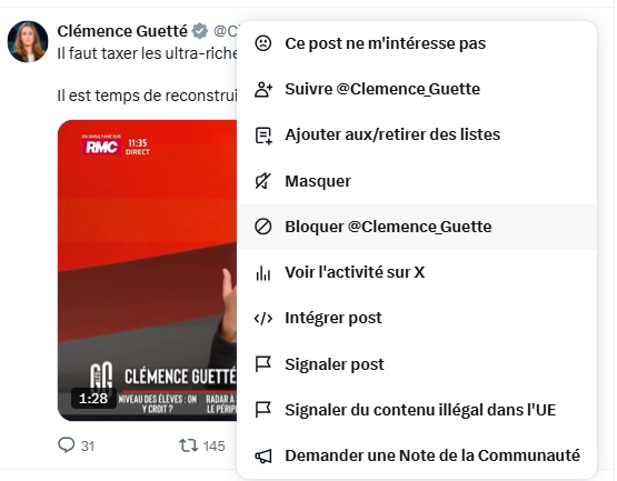 MagicFan69000's tweet photo. @Clemence_Guette Pour ne pluslaisser vivre ces attardés d'insoumis , il suffit de les bloquer comme sur la photo jointe : https://t.co/eh9H5abopB