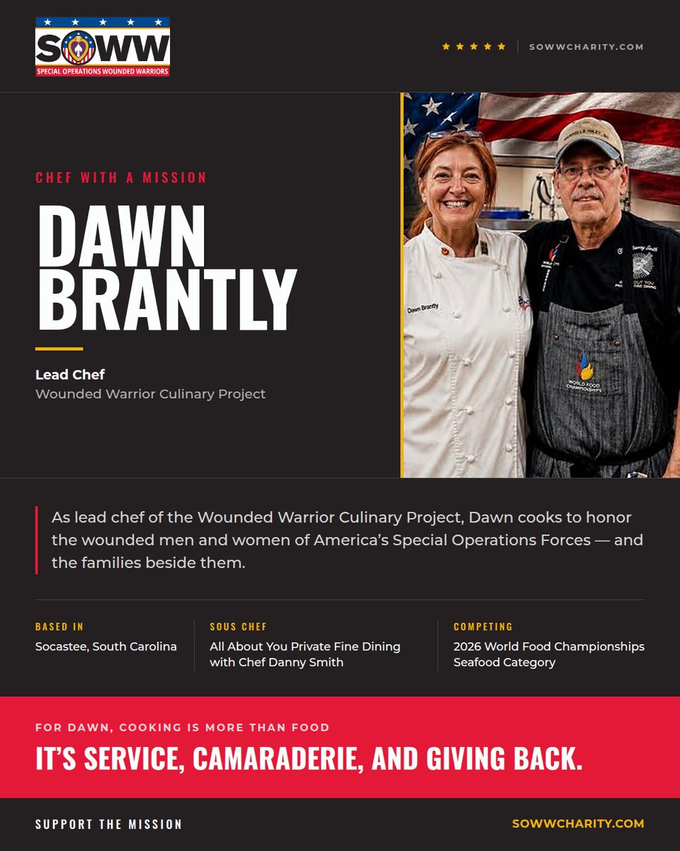 SOWW_Charity's tweet photo. Meet Dawn Brantly, a chef with a mission. 

We’re proud to cheer her on as she competes in the Seafood category at the 2026 World Food Championships, October 15-18!

For Dawn, cooking is more than food, it’s service, camaraderie, and giving back. https://t.co/Z8oheCtWUH