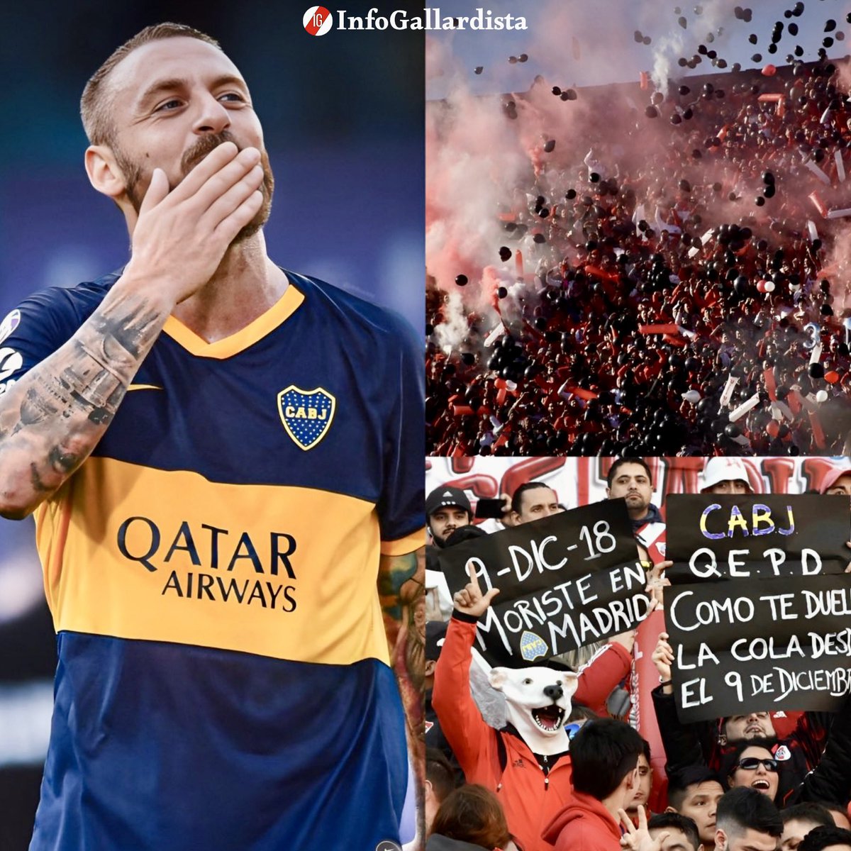 InfoGallardista's tweet photo. "Nos crearon como un FUNERAL. Los hinchas nos burlaban con cruces, ataúdes y globos negros. 'El que no salta MURIÓ EN MADRID', cantaban. 

Estábamos ahí ante un muy buen equipo y empatamos 0-0. No pateamos ni una vez, PROBABLEMENTE"

🎙️Daniele De Rossi 🇮🇹 sobre el primer Superclásico post final de Libertadores 2018