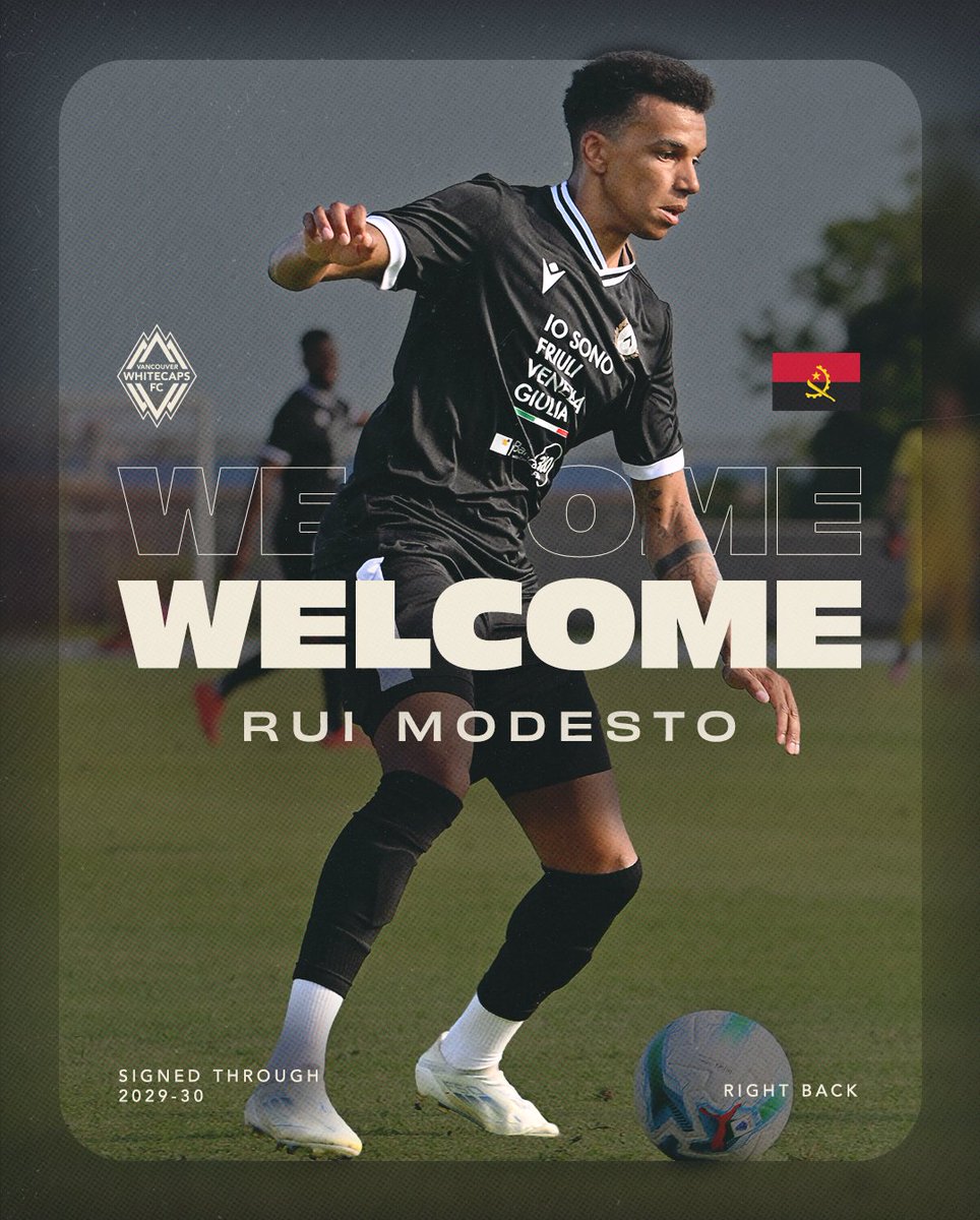 WhitecapsFC's tweet photo. Versatility in the backline 💪🌊

We have acquired Angolan international right back Rui Modesto via transfer from Italian side Udinese through 2029-30. 
📰 | https://t.co/qn45jhvV2F

#VWFC https://t.co/GZOt280Wf1