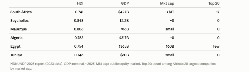 CaptainZar's tweet photo. @freesky0008 @MSvanderWalt71 That AI Overview is one metric; HDI, which only measures life expectancy, education, and income averages. It says nothing about capital markets, corporate depth, or institutional stability. SA's JSE alone is worth over $1 trillion (World top 17). https://t.co/J1qKlSNoBd