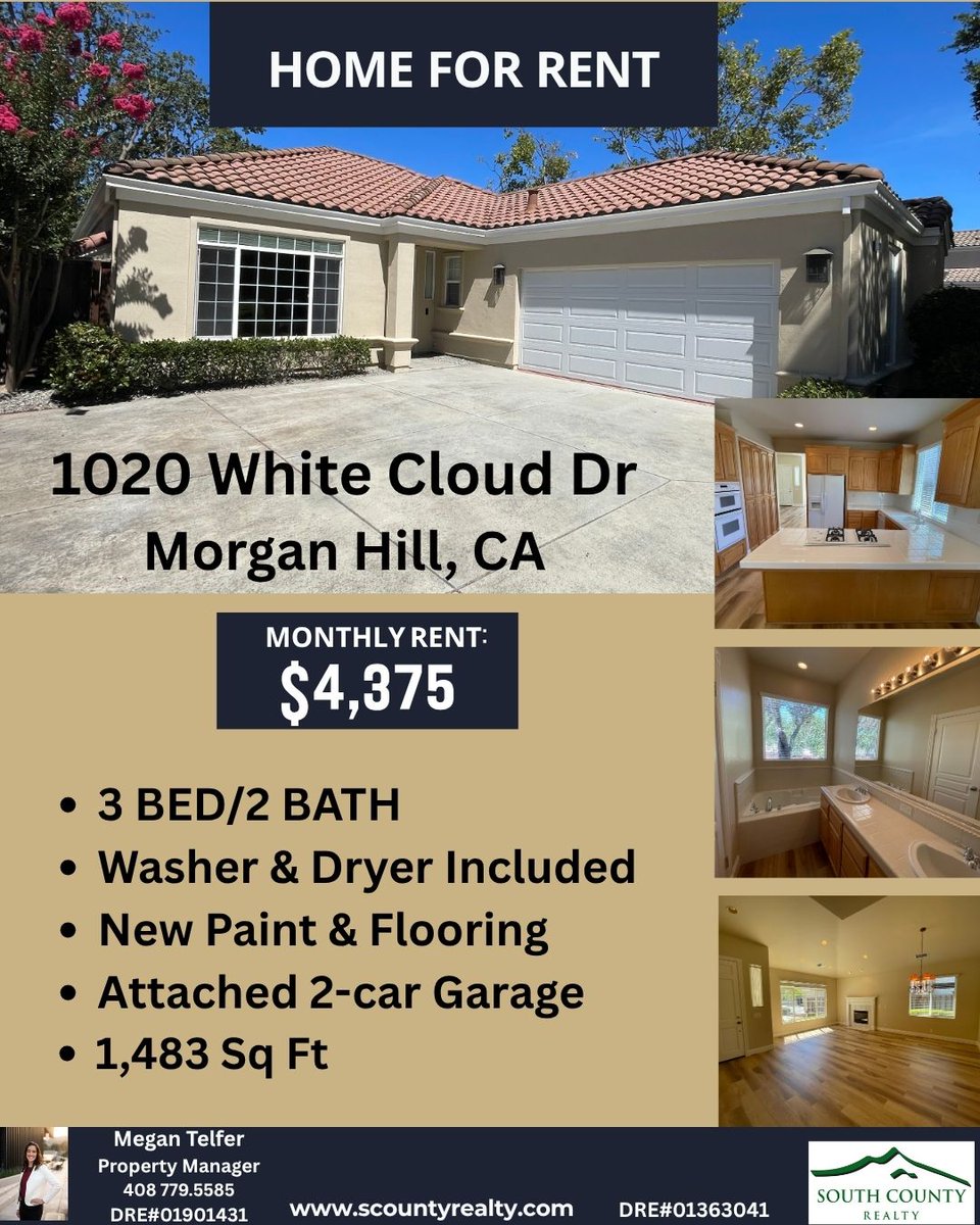 RealtyCounty's tweet photo. 🏡✨ FOR RENT | 1020 White Cloud Dr, Morgan Hill ✨🏡

✨ 3 Bedrooms | 2 Bathrooms
📐 Approximately 1,483 sq. ft.
🎨 New paint &amp; flooring
🌳 Front &amp; backyard landscaping 
🧊 Refrigerator
🧺 Washer &amp; dryer included
🚗 Attached 2-car garage
🎾 Across from walking paths https://t.co/9fqk04L9IT