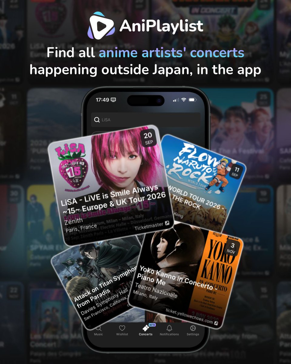 AniPlaylist's tweet photo. 📢 Concerts are now in AniPlaylist

You can now find all anime artists' tours and concerts worldwide (excluding East Asia), right in the app!

- +400 upcoming shows around the world
- Filter by country/city to find events near you
- Search by artist/composer, or the anime they're featured in
- Tap on any concert to open the ticket link

Hoping you'll like this new feature and get the chance to see your favorite artists on stage!