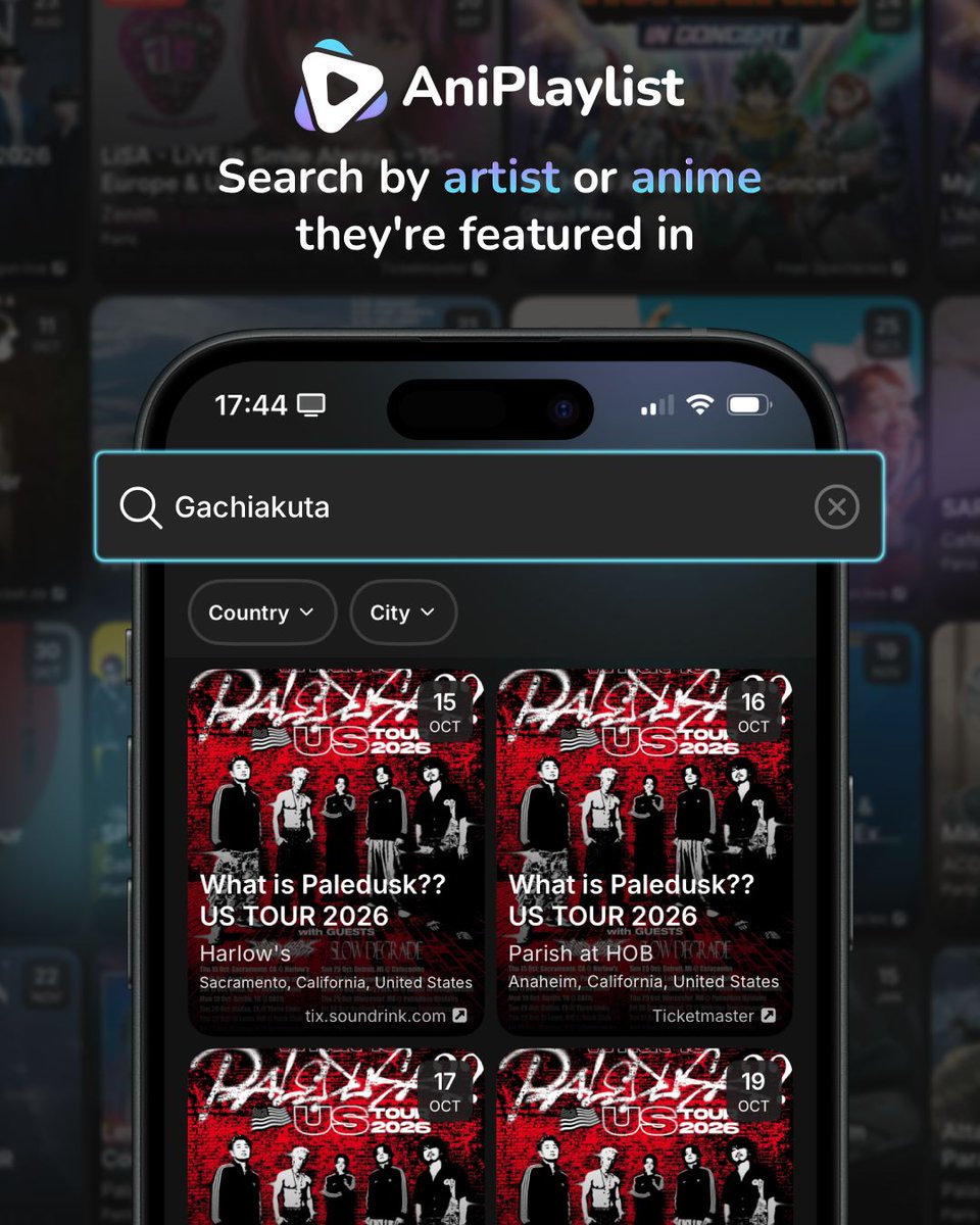 AniPlaylist's tweet photo. 📢 Concerts are now in AniPlaylist

You can now find all anime artists' tours and concerts worldwide (excluding East Asia), right in the app!

- +400 upcoming shows around the world
- Filter by country/city to find events near you
- Search by artist/composer, or the anime they're featured in
- Tap on any concert to open the ticket link

Hoping you'll like this new feature and get the chance to see your favorite artists on stage!