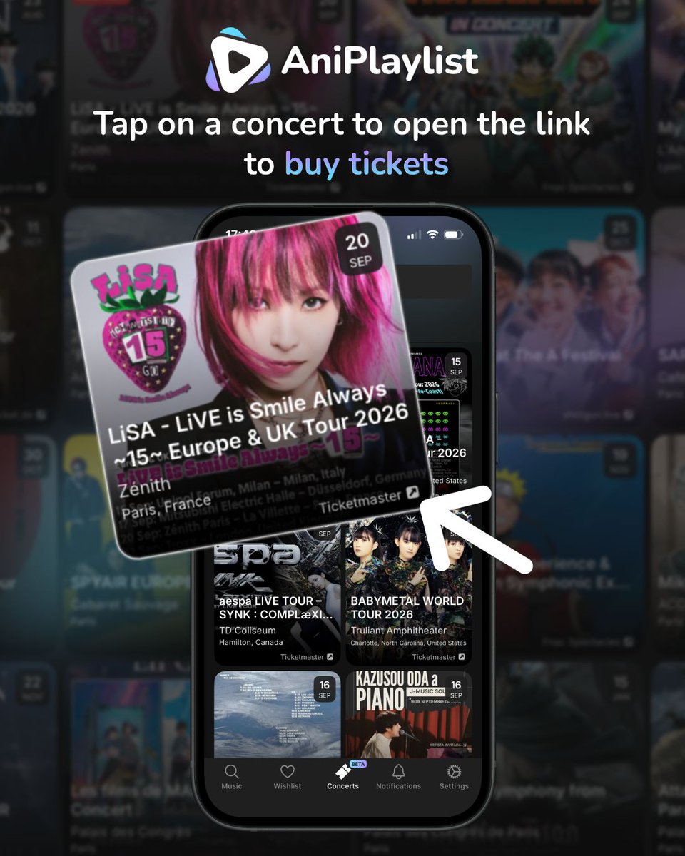AniPlaylist's tweet photo. 📢 Concerts are now in AniPlaylist

You can now find all anime artists' tours and concerts worldwide (excluding East Asia), right in the app!

- +400 upcoming shows around the world
- Filter by country/city to find events near you
- Search by artist/composer, or the anime they're featured in
- Tap on any concert to open the ticket link

Hoping you'll like this new feature and get the chance to see your favorite artists on stage!