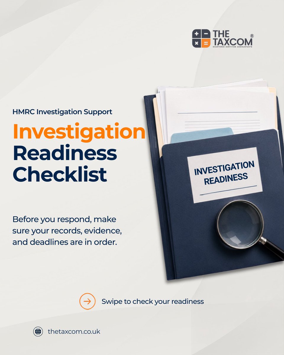 TheTaxCom's tweet photo. If HMRC contacted you tomorrow, would your records be ready?

VAT records ✓
PAYE records ✓
RTI submissions ✓
Contracts ✓
Bank statements ✓
Accounting records ✓
Good records give you a stronger starting point when HMRC starts asking questions.
Are you investigation ready? https://t.co/U7oxiUcU6W