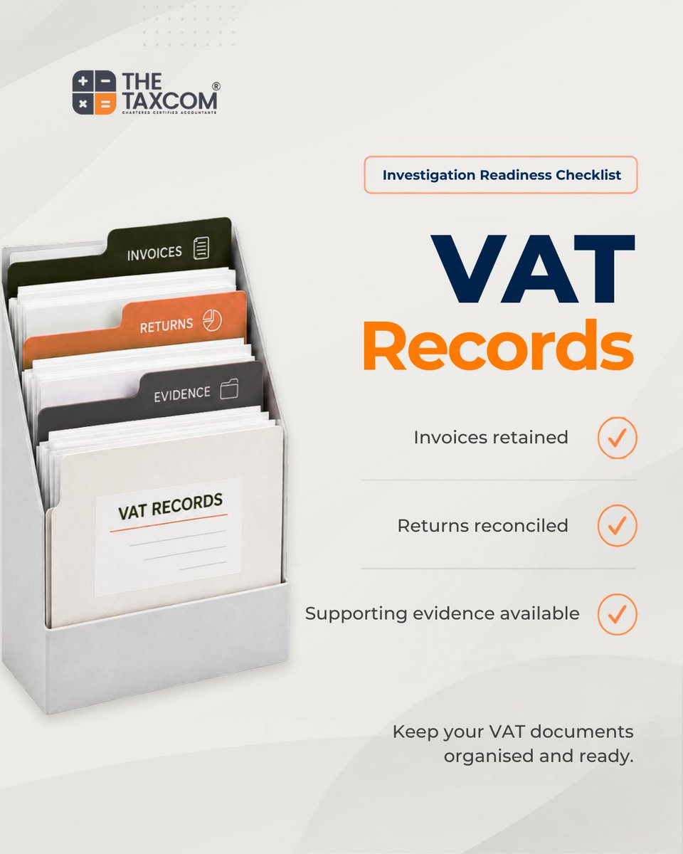 TheTaxCom's tweet photo. If HMRC contacted you tomorrow, would your records be ready?

VAT records ✓
PAYE records ✓
RTI submissions ✓
Contracts ✓
Bank statements ✓
Accounting records ✓
Good records give you a stronger starting point when HMRC starts asking questions.
Are you investigation ready? https://t.co/U7oxiUcU6W