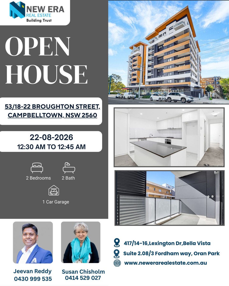 meyoungstar's tweet photo. Open Home: Modern 2-bedroom, 2-bathroom apartment with garage, quality kitchen, open-plan living and private balcony. Saturday, 22 August 2026, 12:30–12:45. 53/18-22 Broughton Street, Campbelltown. https://t.co/vJeI13jUcG