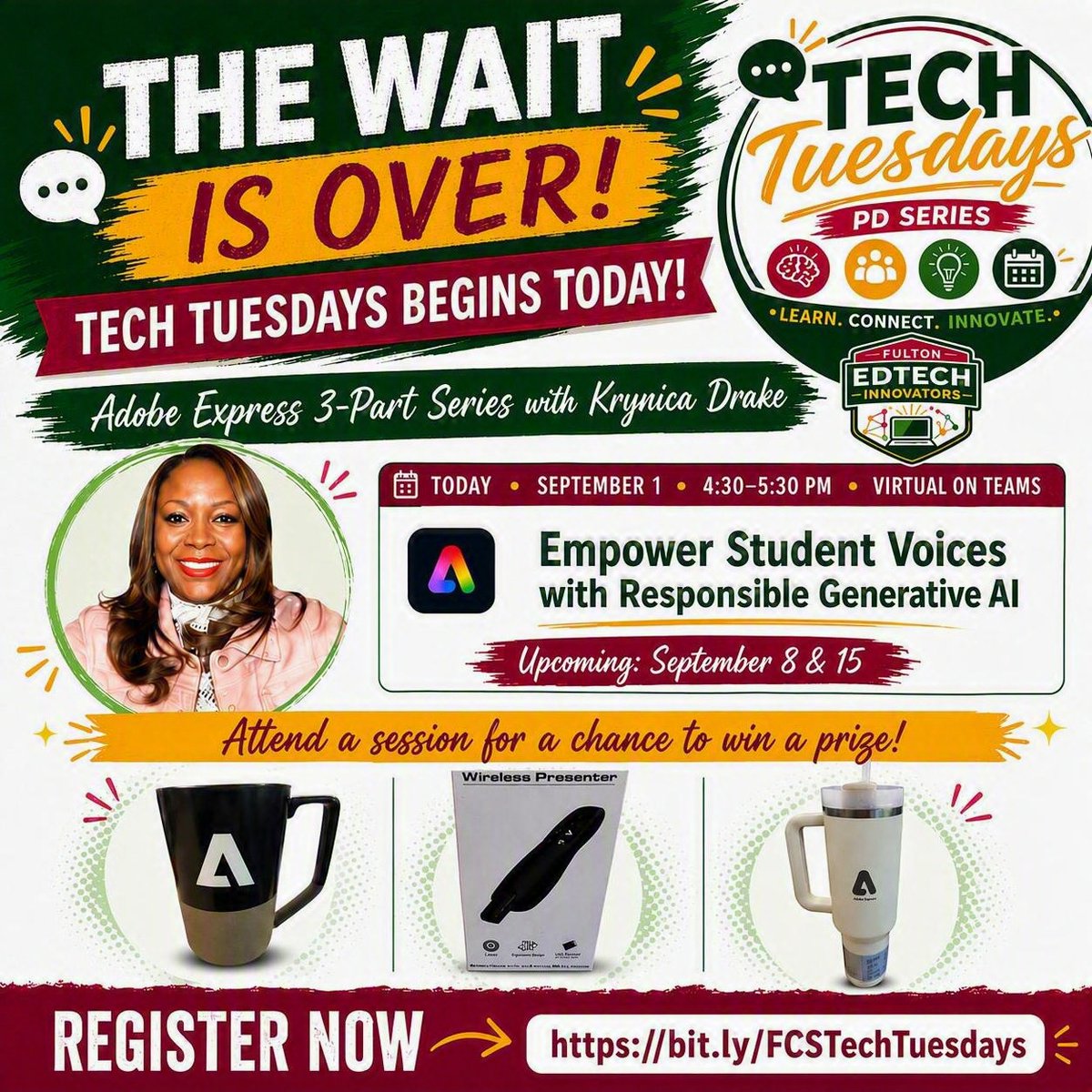 FCS_InstrTech's tweet photo. 🎉 Tech Tuesdays starts TODAY! 🎉

Join us at 4:30 PM as we explore new possibilities for learning and teaching. 💡

Can't make all 3 sessions? No problem! Each session stands on its own and is packed with great ideas.

🎁 Prize giveaways! #TechTuesdays @FultonCoSchools https://t.co/lbKsWxVMYo
