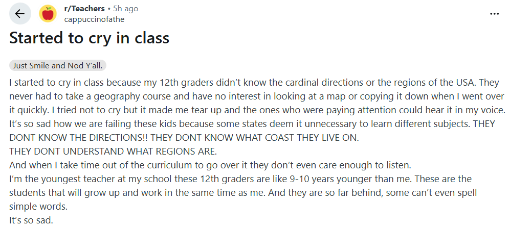MrDanielBuck's tweet photo. High school teachers says that her students can't identify the four cardinal directions or spell basic words

This is what happens when we claim that standards are racist, grading is oppressive, and students should be allowed to just do whatever they want during class https://t.co/wKgsRTJdyO