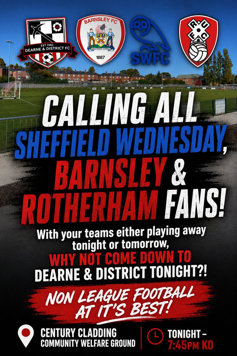DearneDistrict's tweet photo. CALLING ALL WEDNESDAY, ROVRUM &amp; TARN FANS! 

Come down tonight for your football fix! 

Proper non league football. 

Enjoy it with a hot/cold drink, a pie and be close to the action.

#wadadaw | #barnsleyfc | #swfc | #RotherhamUnited https://t.co/811HdFrtC2