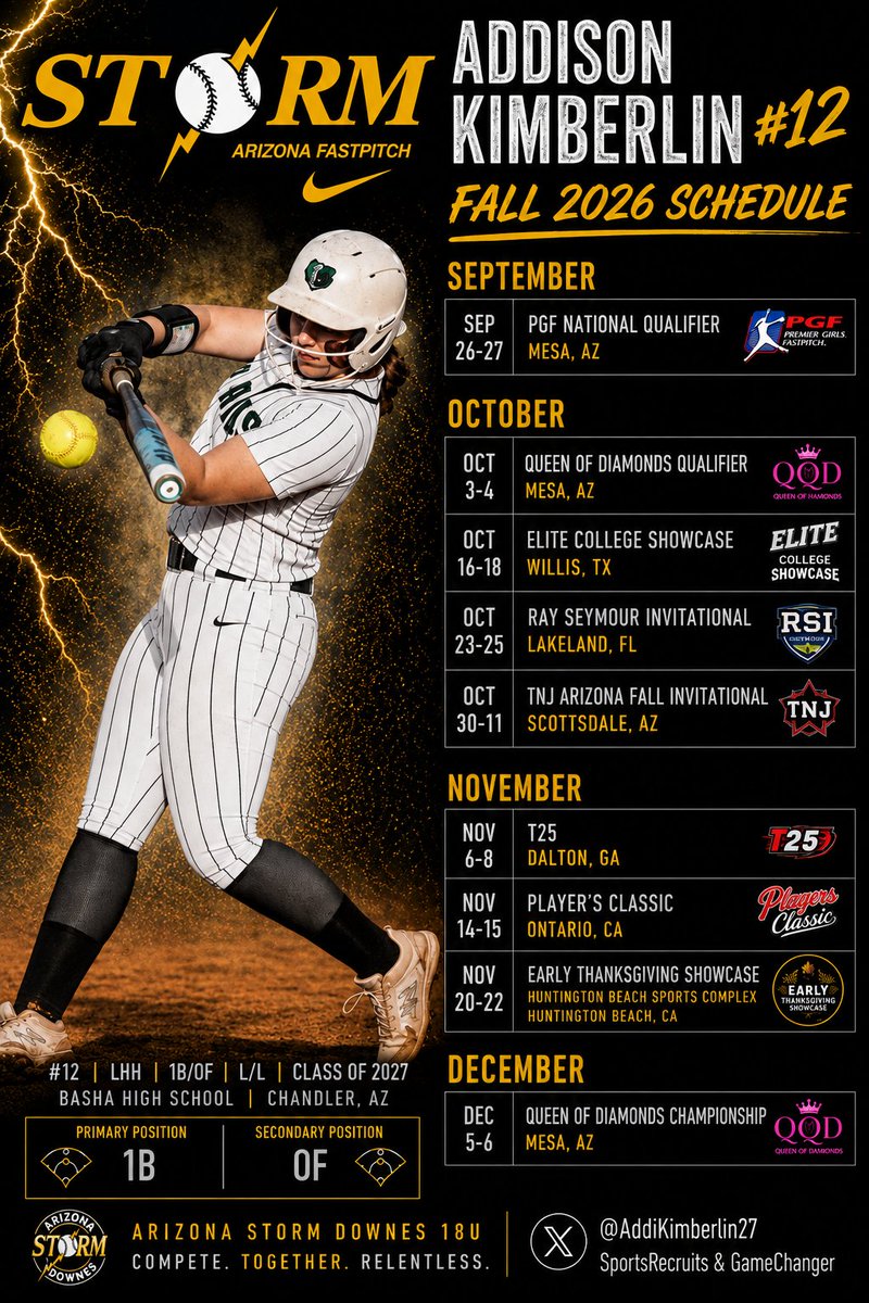 AddiKimberlin27's tweet photo. Fall schedule is set. ⚡️🥎
AZ → TX → FL → GA → CA

See you at first. 👀

#Uncommitted2027 #SoftballRecruiting #LHH #1B https://t.co/wdoQNQNtw3