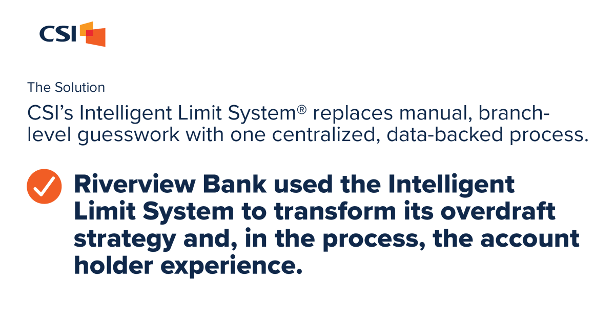 CSIsolutions's tweet photo. Don't let ad hoc overdraft fee decisions undermine your customer relationships. Set fair prices that work for your market and customers.

CSI’s Intelligent Limit System helped Riverview Bank transform its overdraft strategy &amp; the account holder experience: https://t.co/DIodKzyooY https://t.co/GKvy9APH0Y