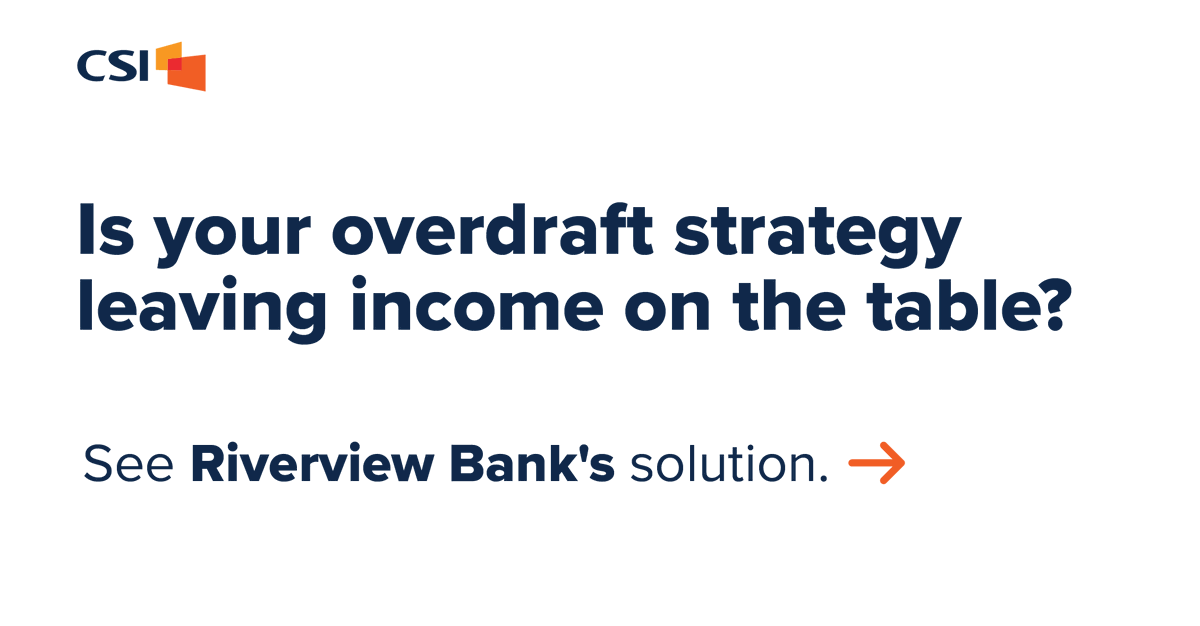 CSIsolutions's tweet photo. Don't let ad hoc overdraft fee decisions undermine your customer relationships. Set fair prices that work for your market and customers.

CSI’s Intelligent Limit System helped Riverview Bank transform its overdraft strategy &amp; the account holder experience: https://t.co/DIodKzyooY https://t.co/GKvy9APH0Y