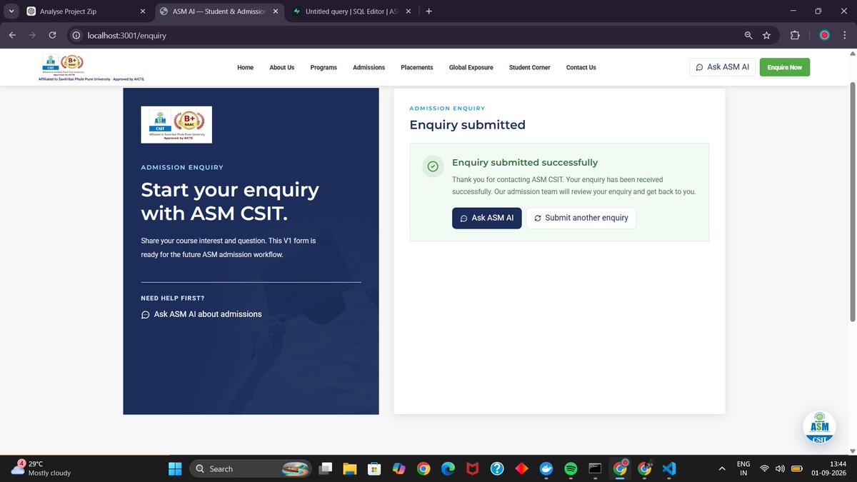 armaankhantech's tweet photo. Day 46 — ASM AI ⚡

Today I connected a real college enquiry form to an event-driven automation pipeline.

Website
 ↓
Node.js
 ↓
Supabase PostgreSQL
 ↓
PostgreSQL Trigger
 ↓
pg_net
 ↓
n8n https://t.co/lQVGF50eFA