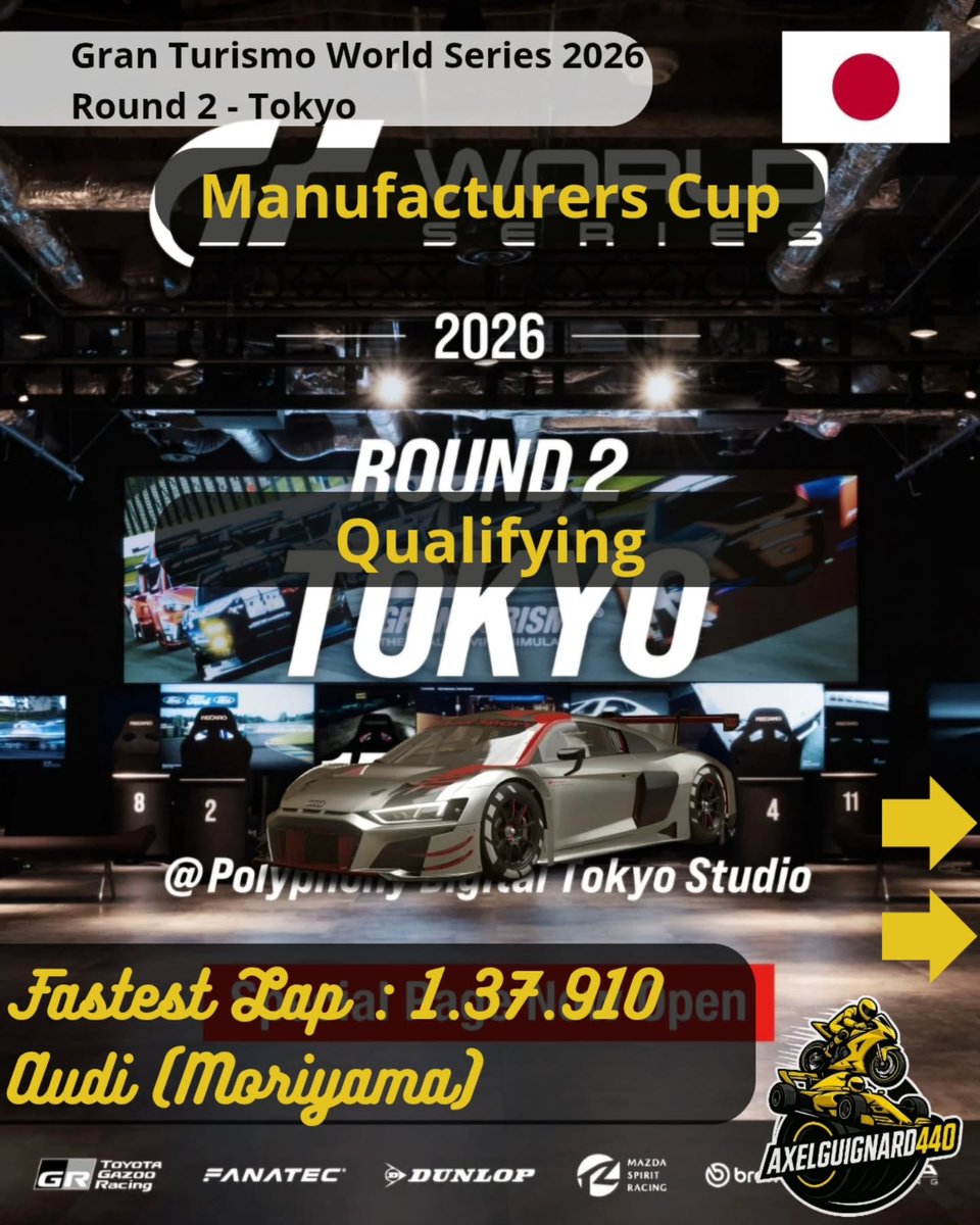 EmileeConvft7's tweet photo. Audi secures pole position at Fuji with Sota Moriyama. The German brand will start ahead of Porsche and Lamborghini. Watch the race on Gran Turismo TV on YouTube. Images and source: @thegranturismo https://t.co/tSQTi5xOSr