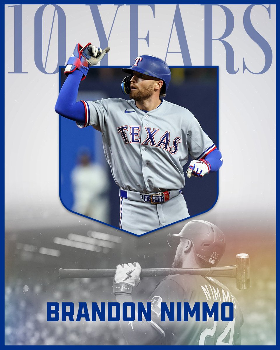 MLBPA's tweet photo. 10 Years of Service Time: the Holy Grail for Players. Throughout history, fewer than 10% of Players have possessed the combination of talent, health, resilience, perseverance and good fortune to achieve the feat. This August, Brandon Nimmo officially reached 10 Years of Service!

Brandon Nimmo was selected in the first round of the 2011 draft by the New York Mets and made his major league debut with the club five years later. He became a fan favorite in New York, playing with the club for 10 seasons before moving on to the Texas Rangers in 2026. The Wyoming native has over 1,100 hits and 500 RBIs during his tenure in the big leagues. Welcome to the 10-year fraternity, Brandon!