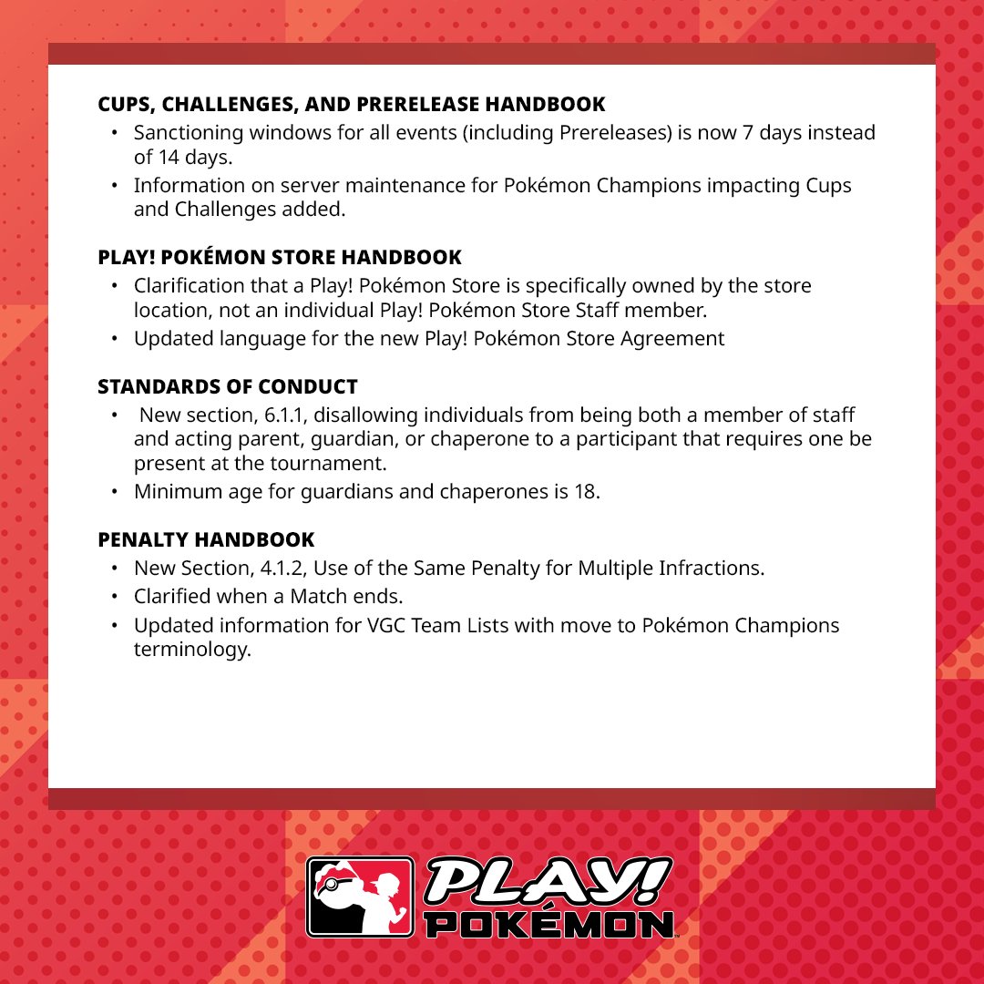 playpokemon's tweet photo. Check out the summary of changes to the Play! Pokémon Rules and Resources for Q3 of 2026! ⬇️ https://t.co/AF2riYDDvn