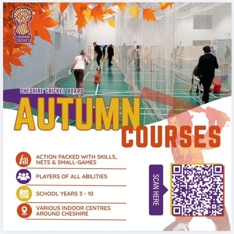 CheshireCB's tweet photo. 🍁 Ready for Autumn Cricket?  

Just one week until the start of our Autumn Coaching programme at indoor venues countywide! 

Skills, nets and small‑games, perfect for children of all abilities in school Y3–10.  Scan the QR or book now via the link below: https://t.co/f4Ii7uwQAT https://t.co/NQazpcgFw2
