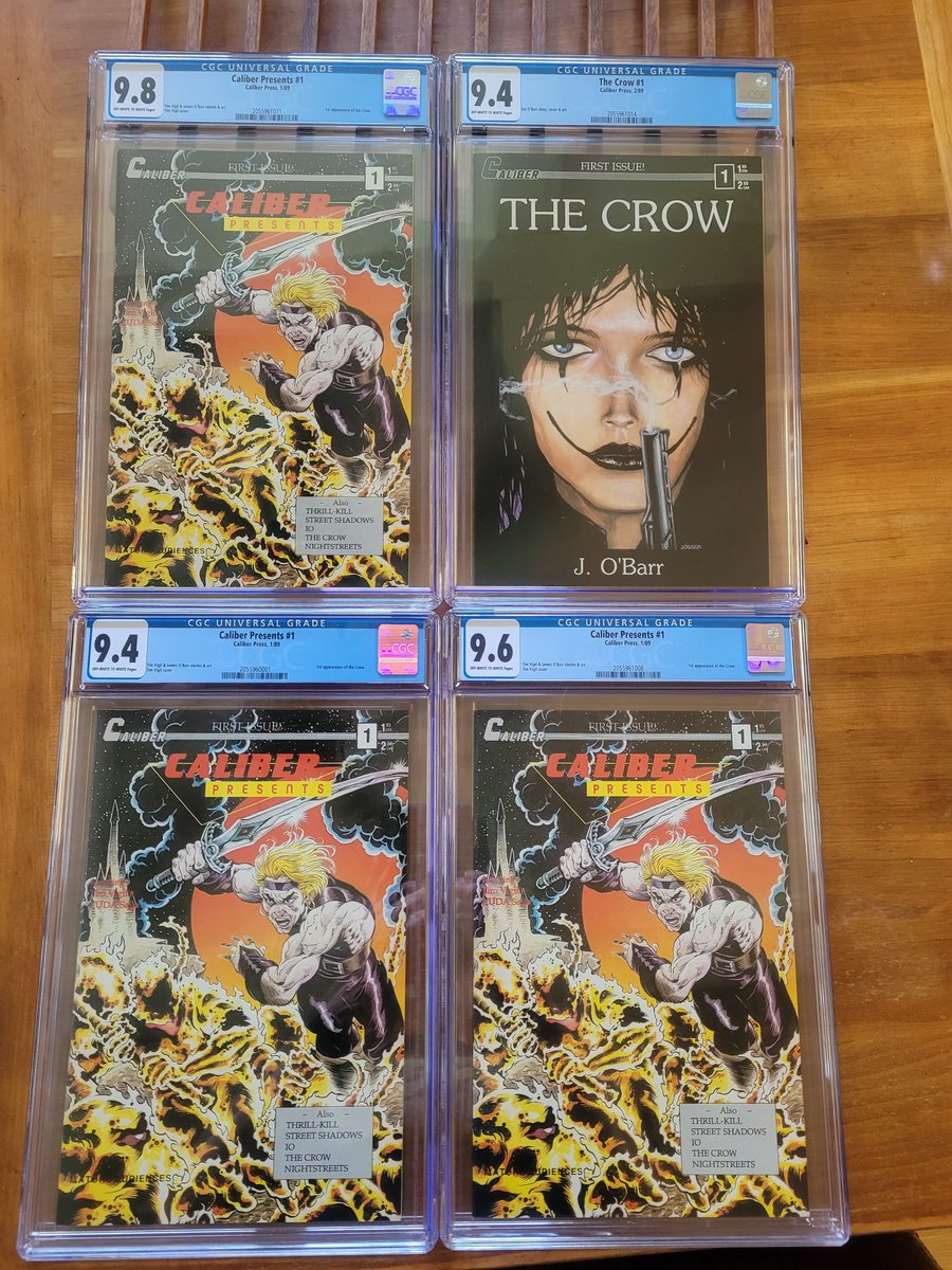 Vincelocke's tweet photo. I'll be at @MonroeComicCon Sept. 11-12. James O'Barr will be there, too. I can bring these along if anyone is interested. And I have a few more Caliber Presents #1 9.8s....
Or I can send through the mail. 
.
.
#thecrow #jamesobarr #comics https://t.co/TiOAXgurkk