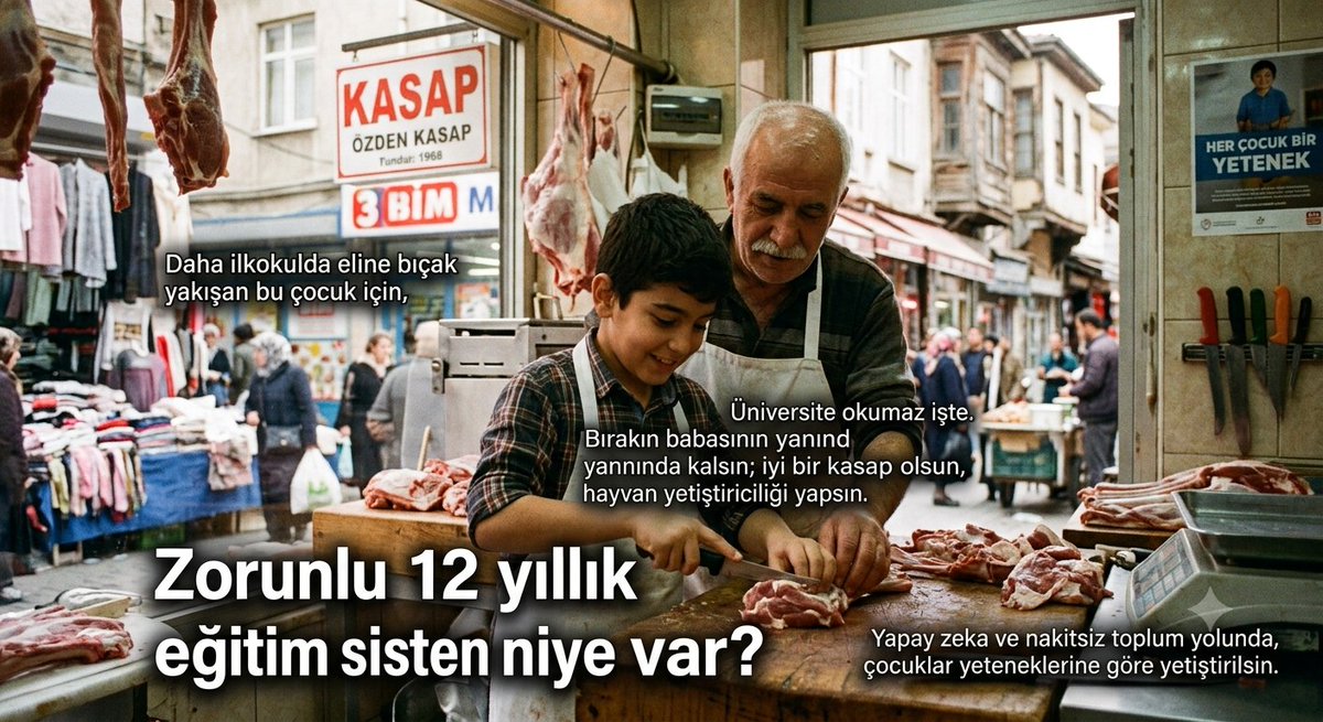 Murat51761's tweet photo. Zorunlu 12 Yıllık Eğitim Sistemi 
İlkokulun açılmasına az bir zaman kaldı , zorunlu olarak okula  başlıyacak gariban çocuklar, devlet okullarında 12 yıllık bir eğitim maratonuna tabi tutulacak.
Okulu bitirdiğinde üç harfli marketlerde bile kasiyer olamayacak çocuklar için aileler birbiriyle yarışa girecek: “Benim çocuğum okuyacak, masa başı iş yapacak.” Zar zor biriktirilen paralar, ortaokul ve lisede özel derslere, kurslara dökülecek.
Oysa teknoloji ve yapay zekâ ortada. Yakın gelecekte üç harfli marketlerde bile kasiyerlik kalmayacak. Nakitsiz toplum adımıyla alışverişini yapacak, kartını okutacak, çıkışta fişini taratıp kapıdan çıkacaksın. "Beyaz yaka" dediğimiz masa başı işler zaten yapay zekâ entegrasyonuyla eriyor.
“Hadi doktor olsun” desek, Elon Musk bile “Tıp okumayın” diye uyarıyor. 12 yıl okul, üzerine 6 yıl üniversite… 18 yıl sonra dünya zaten bambaşka bir otomasyon boyutunda olacak.( Allahu Âlem) 
İşin en acı boyutu ise şu: Çocuk ilkokulu bitiriyor, okuma yazmayı bile tam sökememiş. Yıllarca İngilizce dersi alıyor, “What is your name?” dışında bir cümle kuramıyor.
Bir ortaokul öğretmeni, babası kasap olan 5. sınıf öğrencisine koyun kesimini ve etin nasıl parçalanacağını soruyor; çocuk gözlerinin içi parlayarak, zevkle anlatıyor. Bu çocuk teorik müfredatın arasında okumaz, okumak da zorunda değil. Bırakın babasının yanında kalsın; iyi bir kasap olsun, hayvan yetiştiriciliğini, zanaatı öğrensin.
Bu bir eğitim karşıtlığı değil; çocukları tek tipe zorlayan kalıplara karşı bir hakikat arayışıdır. Her çocuğu aynı kalıba sokup üniversiteye ve masa başı hayallere zorlamak yerine; kimi akademik eğitime, kimi zanaata, kimi de aile mesleğine yönlendirilmelidir. Zorla ve dayatmayla değil; yeteneğine, merakına ve sevgisine göre...
Çünkü insanın hayatının büyük bir bölümünü icra ettiği iş kaplıyor. Bugün bu ülkede kaç kişi sabah kalkıp işine gerçekten severek gidiyor?
O zaman tekrar soralım: Çağın gerisinde kalmış, yeteneği körelten ve diploması olan ama mesleği olmayan nesiller yetiştiren bu 12 yıllık zorunlu eğitim sistemi tam olarak neyi amaçlıyor?