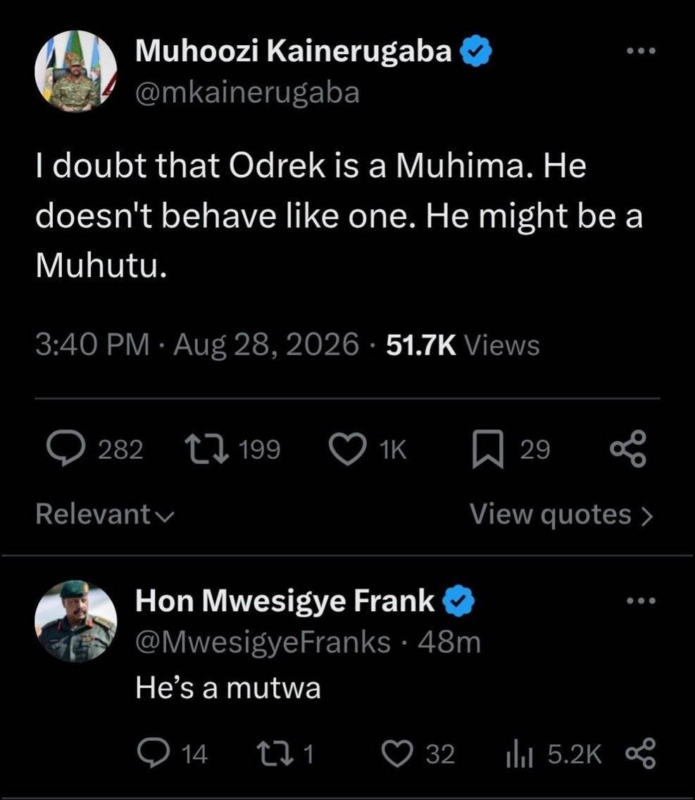 HEBobiwine's tweet photo. Nobody should be surprised that Museveni’s brutal son would consider anybody who is not from his specific ethnic origin a second-class citizen! By calling his brother-in-law - who he is always at odds with - a 'Muhutu', he is telling you how exactly he views those who don't belong to his tribe. Those who have eyes and ears know that this has been the unstated foundational policy and belief of the Museveni family rule. They now have a reckless, entitled son who is bold enough to say it publicly! 

Like I have repeatedly said, you just need to sit down with several victims of abductions and torture and listen to the kind of ethnic or religious profiling (in the case of muslims) they're subjected to in those torture chambers. In the case of NUP supporters, if they're from any other ethnic group, they'll be brutalised and humiliated while being mocked for belonging to those tribes. If they're Banyankole, they'll be beaten up and dehumanised while being  interrogated on what they're doing supporting a Muganda. One of our lawyers, Kakuru Tumusiime, recently recounted how he was tortured, being asked how a munyakole lawyer could represent me - a Muganda. Imagine the backwardness! This is a dark truth that we must confront. 

This tribal hatred is being spewed by someone his father gifted with heading our nation's military. You can imagine how he views soldiers who come from the diverse regions of our country. Of course this perception is reflected in promotions, deployments, opportunities to study abroad, etc. 

I am very pleased that the Government of Rwanda through its Spokesperson has come out to distance themselves from this barbaric madness. They know too well from their own painful history, the catastrophic destination where state-sponsored ethnic bigotry leads a nation.

Unfortunately, you won't hear any condemnation coming from the officials in Uganda because they all know that this tribal supremacy is the true, unmasked identity of the bloody regime they serve.

I call on the people of Uganda to remain united because a people united will always defeat regimes built on sectarianism - however ferocious they may seem.