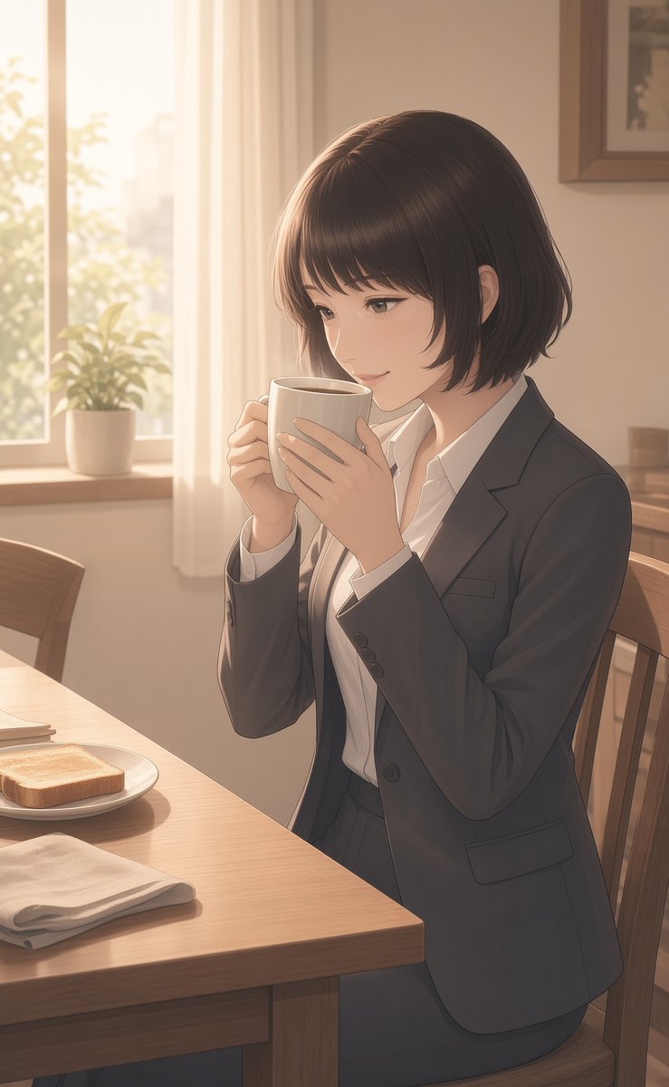 toshi_104473's tweet photo. おはよう。

スーツ着て、コーヒー飲んでる。  
トースト食べたら出なきゃ。

今日も淡々といきます。

#AIイラスト #オリキャラ #湊本敏代 #SE https://t.co/sfzNVrTyfN