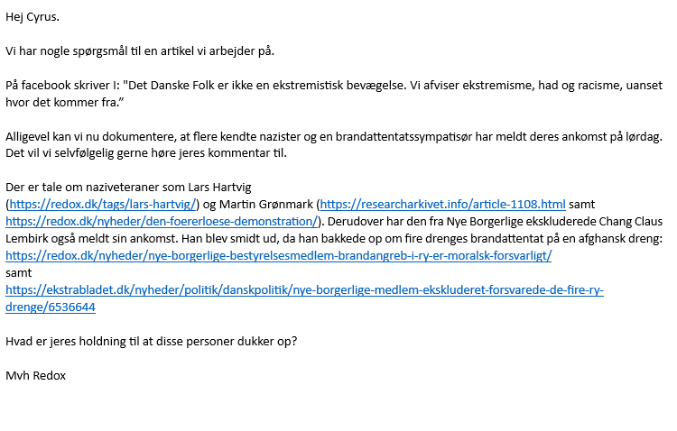 cyrus_razavi's tweet photo. Redox arbejder åbenbart på en ny artikel om Det Danske Folks optog den 5. september.

Så lad os skabe lidt gennemsigtighed.

Vi deler kommunikationen med Redox løbende, så alle selv kan læse spørgsmålene, svarene og se, hvordan historien bliver til.

#dkpol #dkmedier https://t.co/CTQN1KMdYq