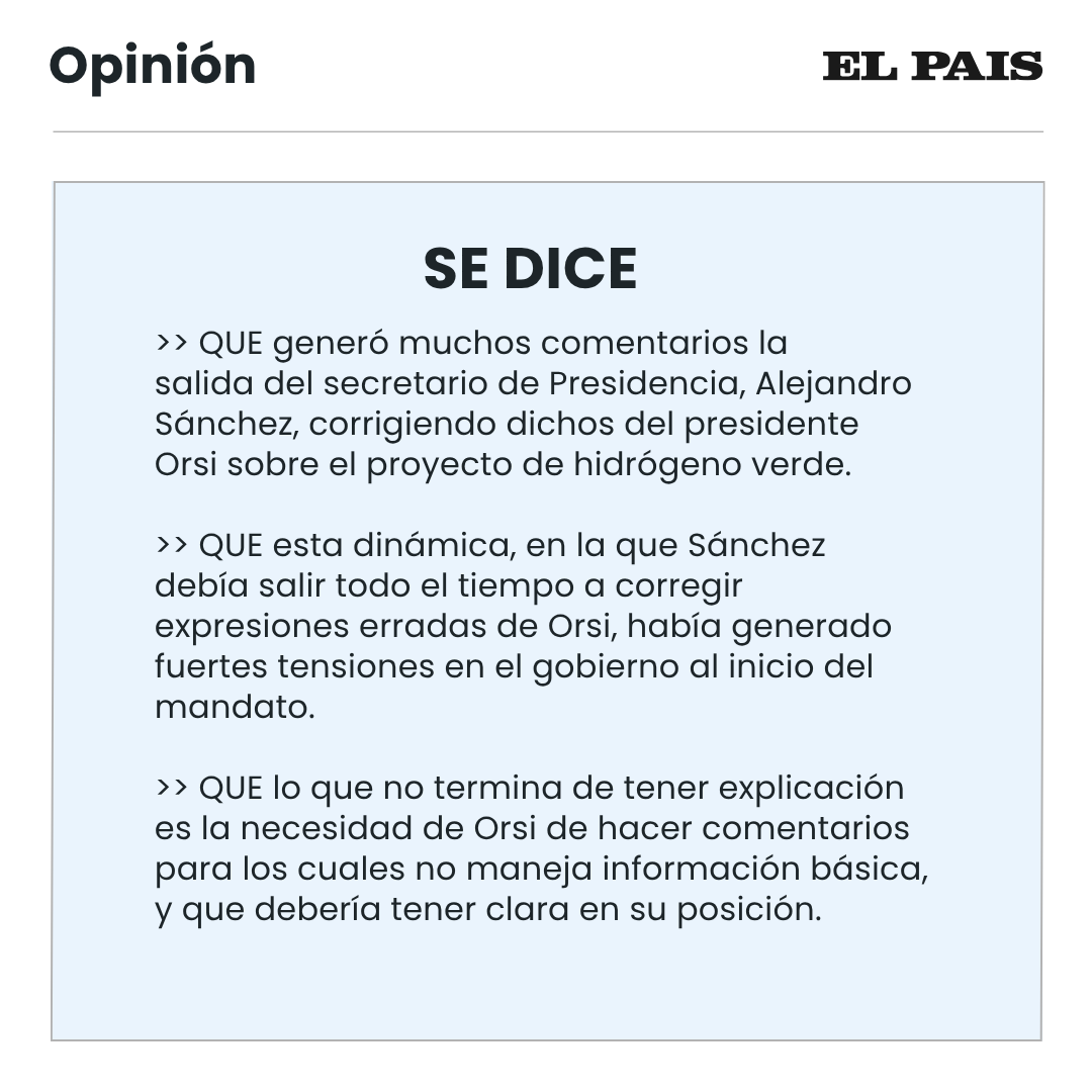 elpaisuyopinion's tweet photo. Generó muchos comentarios la salida del secretario de Presidencia, Alejandro Sánchez, corrigiendo dichos del presidente Orsi sobre el proyecto de hidrógeno verde. https://t.co/luKQ0WELDg
