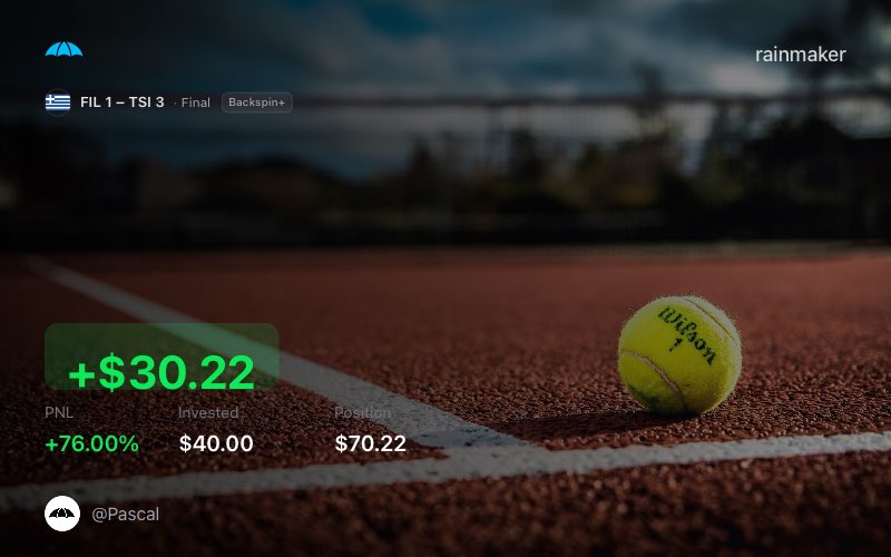am_vangogh's tweet photo. If after day 1 you thought “that was it, a lucky shot”, you couldn’t be more wrong.

Yesterday, day 2, the @rainmakerdotfun users that used the #Tennis model backspin+ had a whooping result of 8W vs 1L.

The most adventurous that turned on the comeback model also got some crazy results (screenshot below).

We are heading to day 3 of the #USOpen and I couldn’t be more excited to test leverage today 👀☔️

#PredictionMarket $RAIN