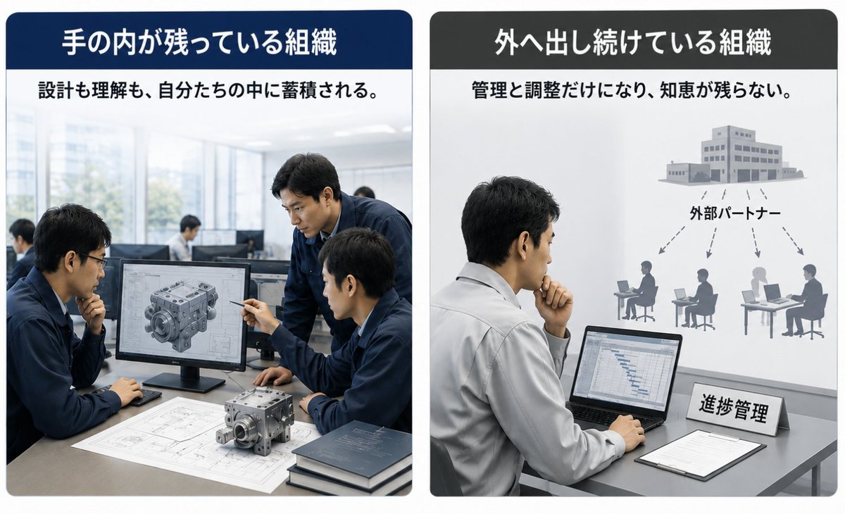 toyotamura_'s tweet photo. 「技術の空洞化」は、トヨタ系でももう他人事ではない。

設計を外に出し、管理まで外に出す。
それが続けば、社内に残るのは「発注する技術」だけになる。
中国勢が強いのは、自分たちで設計し、失敗し、ノウハウを蓄積しているから。

トヨタ系には、まだ“自分で設計できるエンジニア”がいる。

だからこそ今。

外注をやめるのではなく、
「何を手の内に残すか」を決める。

技術の空洞化は、気づいた時には戻せない。