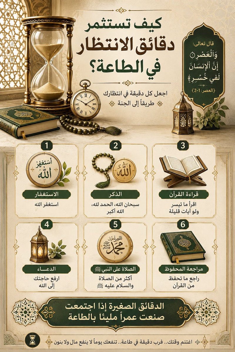 Abu__Sulaiman's tweet photo. كم دقيقة تضيع منا كل يوم في الانتظار؟ ⏳
اجعلها دقائق تقرّبك إلى الله: ذكر، استغفار، قرآن، دعاء. 🤍
فالدقائق الصغيرة إذا اجتمعت صنعت عمرًا مليئًا بالطاعة.

#الذكر #الاستغفار #القرآن #أعمال_صالحة #تذكير https://t.co/XP2QKGNLiN