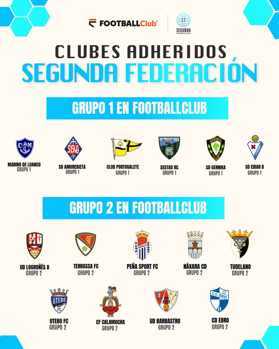 FootballClub's tweet photo. 👏 Semana de Segunda Federación  

😍 Estos son todos los clubes adheridos de momento y no van a parar los anuncios en esta última semana  

➡️ ¿Quién te falta? Menciona en comentarios  

#MiEquipoSegundaFederación https://t.co/ufxJ7MtY0h