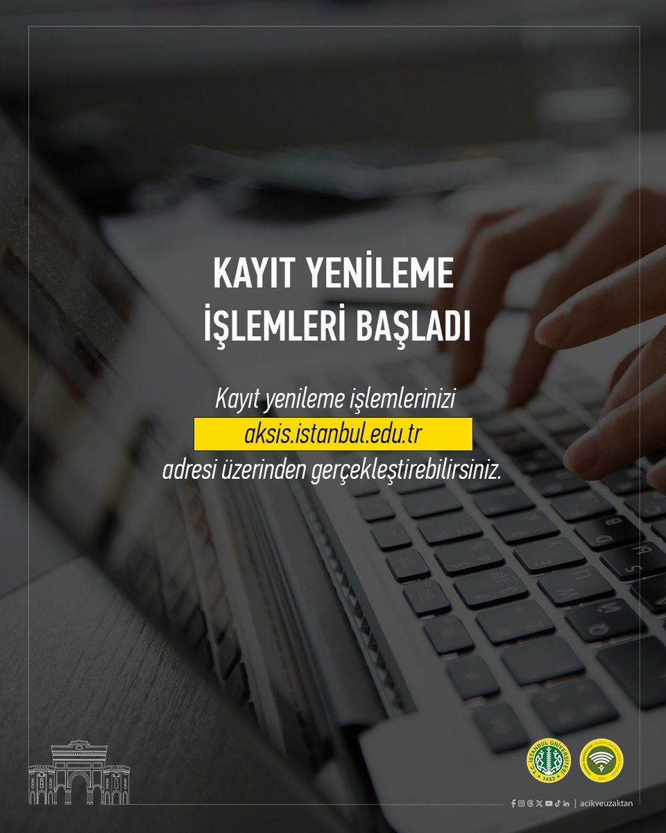 acikveuzaktan's tweet photo. Değerli Öğrencilerimiz,

2026-2027 Eğitim-Öğretim Yılı Güz Yarıyılı kayıt yenileme işlemleri başlamıştır. Kayıt yenileme işlemleri kapsamında AKSİS üzerinden “AUZEF Öğrenme Yönetim Sistemi” - “Eğitim Öğretim İşlemleri” - “Harç İşlemleri” adımlarını takip ederek ödeme işlemlerinizi gerçekleştirebilirsiniz.

Ödeme işlemlerini tamamlayan öğrencilerimizin ders seçimleri Fakültemiz tarafından yapılacaktır.

Kayıt Yenileme Tarihleri: 31 Ağustos 2026 - 20 Eylül 2026

Ders Seçim İşlemleri: 21 Eylül 2026 - 23 Eylül 2026

Ders Ekle-Sil Tarihleri: 24 Eylül 2026 - 28 Eylül 2026

Üstten Ders Alma Tarihleri: 24 Eylül 2026 - 28 Eylül 2026

Kayıt yenileme işlemlerinin belirtilen tarihler içerisinde tamamlanması gerekmektedir. Detaylı bilgi ve kayıt yenileme kılavuzu için https://t.co/87MORGaH00 adresini ziyaret edebilirsiniz.