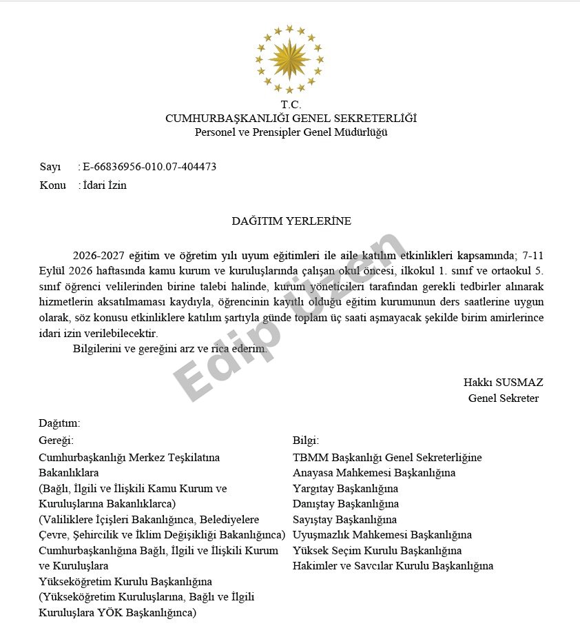 edipuzen's tweet photo. Kamu çalışanı velilere okulların ilk haftasında idari izin!

Cumhurbaşkanlığı tarafından kamu kurumlarına gönderilen yazıya göre;

7-11 Eylül 2026'da

 Okul öncesi
İlkokul 1. sınıf
Ortaokul 5. sınıf

öğrenci velilerinden birine, talebi halinde günde en fazla 3 saat idari izin verilebilecek.

İzin, öğrencinin ders saatlerine uygun olarak uyum eğitimi ve aile katılım etkinliklerine katılmak amacıyla kullanılabilecek.

Çocukların eğitim hayatındaki önemli geçiş dönemlerinde anne veya babalarından birinin yanlarında bulunmasını kolaylaştıran oldukça yerinde bir düzenleme.