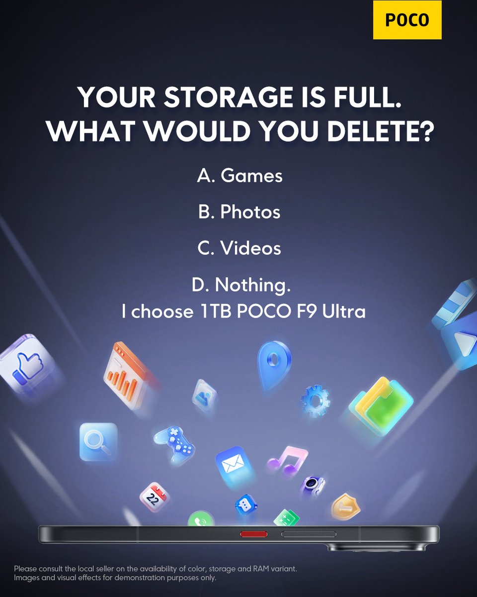 POCOGlobal's tweet photo. POV: Your storage is full.
What would you delete first? 

Repost and comment your choice with POCO F9 Series hashtag https://t.co/dXVxqPCYp2