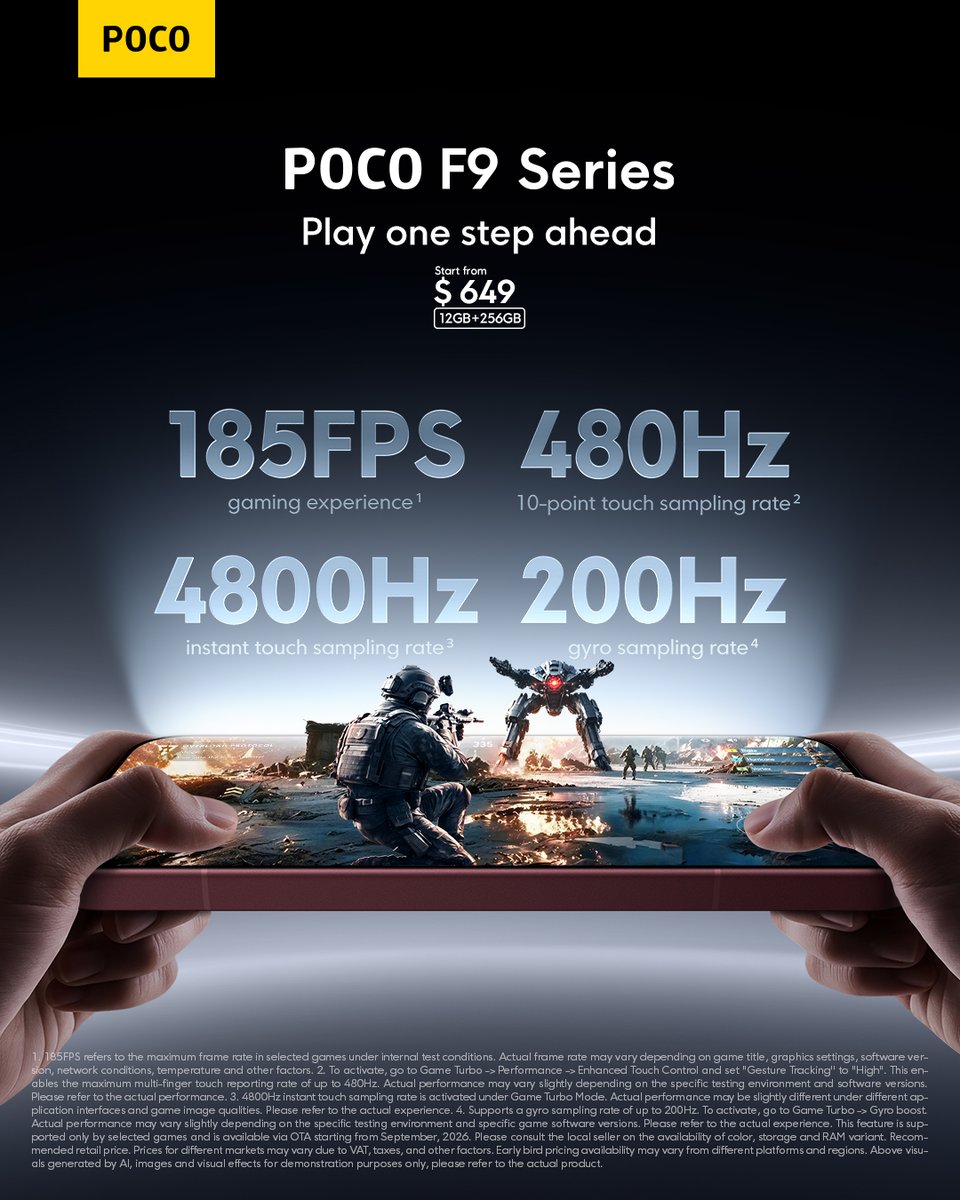 POCOGlobal's tweet photo. 185FPS. Smoothness you can feel.
Up to 4800Hz instant touch response on POCO F9 Series.

Available now at https://t.co/Qurri4VZGL https://t.co/IKC0Es1UeT