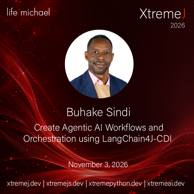 xtremejconf's tweet photo. Thrilled to welcome Buhake Sindi to XtremeJ 2026! 🚀

Buhake will show Java developers how to build AI agents and orchestrate agentic workflows declaratively using LangChain4J, CDI, and annotations. 

👉 https://t.co/wc2cySNtDM

#XtremeJ #Java #AI #AgenticAI #LangChain4J #CDI https://t.co/uhUaoIQ4A5