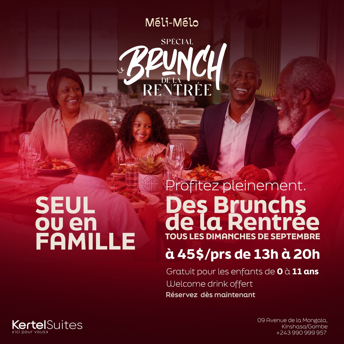 MeliMeloRestau's tweet photo. ✨ La rentrée a meilleur goût chez Méli-Mélo.

💵 45$ par personne
👶 Gratuit pour les enfants de 0 à 11 ans
🍹 Welcom drink offert
🕐 Tous les dimanches de 13h à 20h

📍 09 Avenue de la Mongala, Kinshasa/Gombe
☎️ +243 990 999 957

#MeliMelo #BrunchDeLaRentree #KertelSuites https://t.co/9WtoeijmKr
