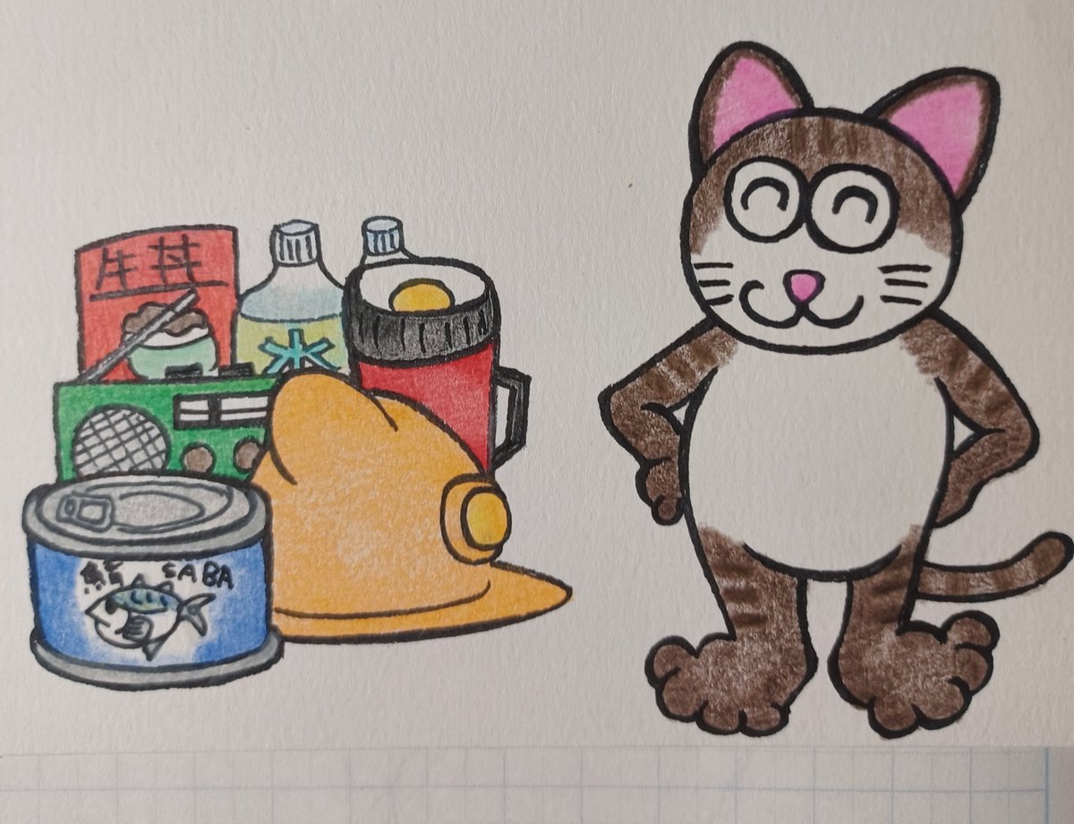 tonisuberi's tweet photo. 必要なものをまとめる猫さん。　#防災の日　#イラスト　#色鉛筆 https://t.co/RL7zt7TPPk