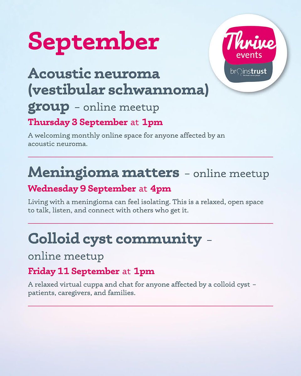 brainstrust's tweet photo. ✨ Here’s what’s happening in September at brainstrust ✨

This September, we’re offering a range of opportunities to get involved, find support, and connect with people who understand. 

Find out more in the link below 🔗 ⬇️ 

https://t.co/JbQ1wf5GUA

#BrainTumour #BrainCancer https://t.co/obwg7ir7vP
