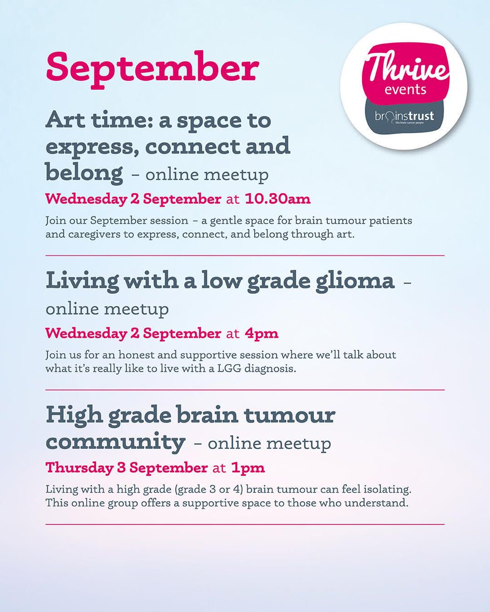brainstrust's tweet photo. ✨ Here’s what’s happening in September at brainstrust ✨

This September, we’re offering a range of opportunities to get involved, find support, and connect with people who understand. 

Find out more in the link below 🔗 ⬇️ 

https://t.co/JbQ1wf5GUA

#BrainTumour #BrainCancer https://t.co/obwg7ir7vP