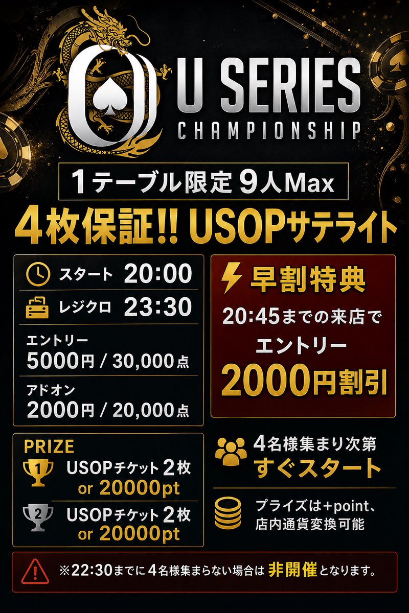 Dogspoker's tweet photo. USOPサテライト
タイマースタートしました✨

20:45までの着席でエントリー2000円🈹

ご参加お待ちしております✨ https://t.co/bGST5192Tc