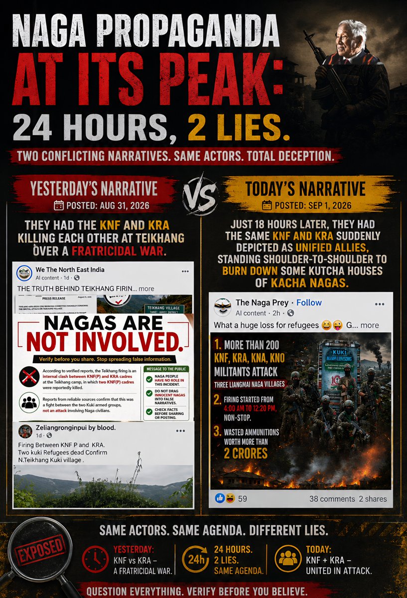 JShakurB's tweet photo. 🤡NAGA PROPAGANDA AT ITS PEAK:
                   24 Hours, 2 Lies.

▪︎●​Yesterday's Narrative:
They had the KNF & KRA killing each other at Teikhang Village over a fratricidal war.
▪︎●​Today's Narrative: Just 18 hours later, they had the same KNF & KRA suddenly depicted as unified allies, standing shoulder-to-shoulder to burn down some Kutcha houses of Kacha Nagas.

#Manipur #Naga #Kuki
@YKhemchandSingh @KonthoujamG @NBirenSingh @Neiphiu_Rio @gpsinghips
@News9Tweets @MIB_India @ttindia @the_hindu  @PTI_News @IndiaToday @ndtv @WIONews @DeccanHerald @EastMojo @News18India @NELiveTV @WasbirH @MukeshSinghIPS
@aajtak @DDNewslive @ndtvindia @Republic_Bharat @reporters_co @IndiaTodayNE @sardesairajdeep @rahulkanwal @narendramodi @HMOIndia @UNHumanRights  @UNinIndia @INCMinority @BJPMinMorcha @ncsthq @NCM_GoI @UNinIndia  @thewire_in 
@OHCHRAsia @UNGeneva  
@antonioguterres @IntlCrimCourt @BBCWorld @cnni @AJEnglish