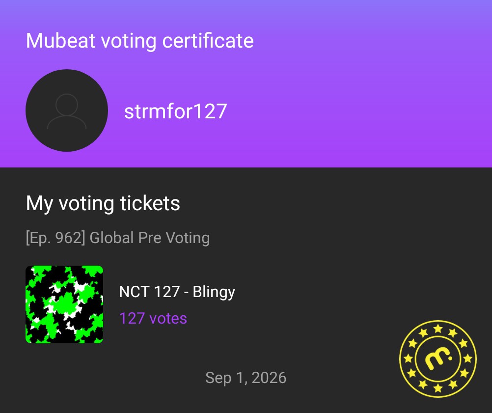 NCT127STRMth's tweet photo. 🗳 พรีโหวต Show! Music Core เปิดแล้วค่า~ 

📆 ~ 03/09 เวลา 09:00 น.(ไทย)
🗳 โหวตได้ไม่จำกัด

🎯 ขึ้นอันดับ 1 จนปิดโหวตทั้ง 2 แอป (ไม่จำเป็นต้องมีแก็ปห่าง)
✅️ ต้องโหวตทั้ง 2 แอปเพื่อให้ได้คะแนนพรีโหวตเต็ม

‼️ NCT 127 มีโอกาสชนะรับถ้วยในรายการ Show! Music Core มากที่สุด

💜 Mubeat (1โหวตใช้ 3  Heart Beats)
🔗 (https://t.co/Nxv5Q4ulkx)

🖤 Muniverse (1 โหวตใช้ 5 Ad Lumy) (https://t.co/Wl1sFzY2wv)

ยืมแอคนำไปเก็บโหวต @127HOUSE

#ใครๆก็โหวต127 #เฉิดฉายสไตล์บลิงงี่
#NCT127 #BLINGY @NCTsmtown_127