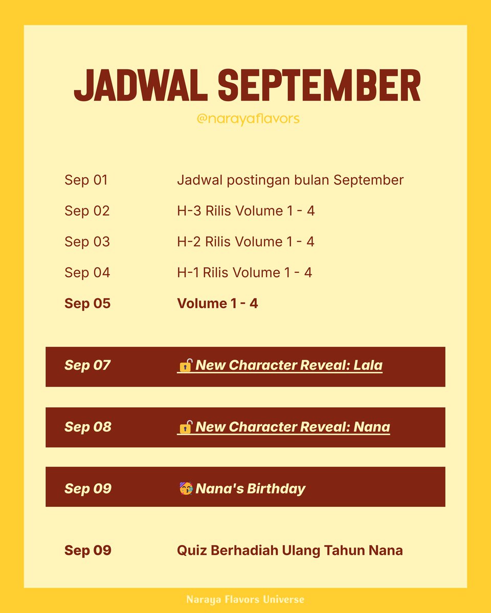 NarayaFlavors's tweet photo. 🗓️ JADWAL KONTEN SEPTEMBER

Bulan ini akhirnya kita bakal kenalan langsung sama Lala dan Nana✨

Kira-kira, bakal seperti apa ya karakter mereka?

Selain itu, bulan ini juga bakal ada Komik Volume 1–4 dan Birthday Giveaway Quiz Berhadiah! 🎂🎁

Banyak yang bakal terungkap nihh~ https://t.co/xJgoPAhY7D