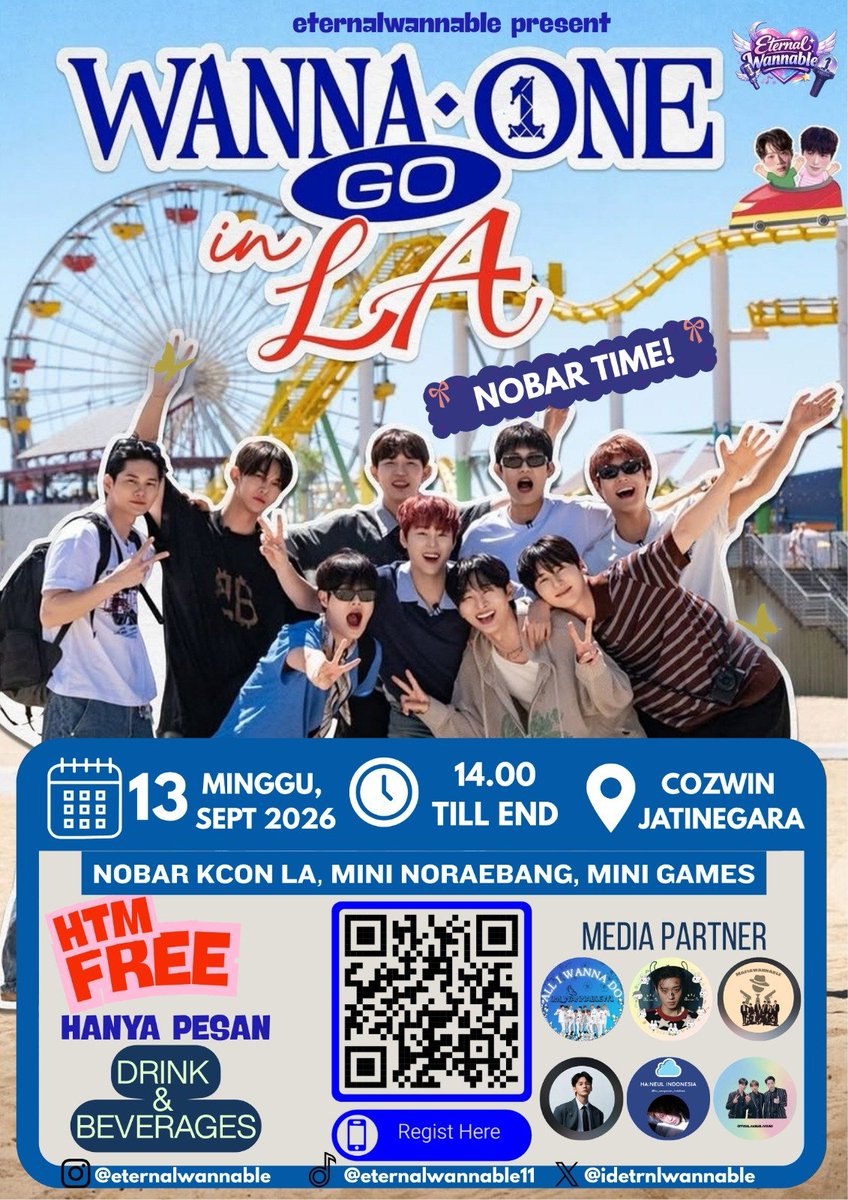 idetrnlwannable's tweet photo. WANNA ONE GO in LA β NOBAR TIME! π¬π
π
Minggu, 13 September 2026
β° 14.00 till end
π Cozwin Jatinegara
ποΈ HTM FREE!
Cukup pesan drink & beverages π₯€
Scan QR Code di poster atau klik link https://t.co/vx061MwQGZ
#WannaOne #WannaOneGoInLA #Wannable #EternalWannable https://t.co/REdXWVcZyj