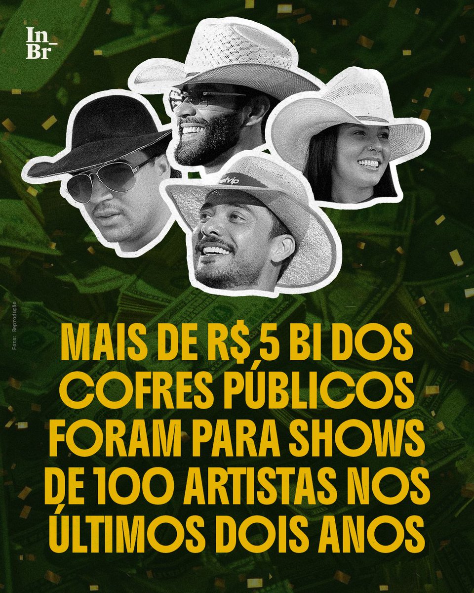 TheInterceptBr's tweet photo. Mais de R$ 5 bilhões dos cofres públicos foram destinados a shows de 100 artistas e bandas entre janeiro de 2024 e 31 de março de 2026.

Um levantamento do observatório De Olho nos Ruralistas mostra quem mais recebeu, quais governos mais contrataram e como sertanejo, agronegócio e política se cruzam nesse mercado financiado com dinheiro público. Segue o fio para saber mais 🧶👇
