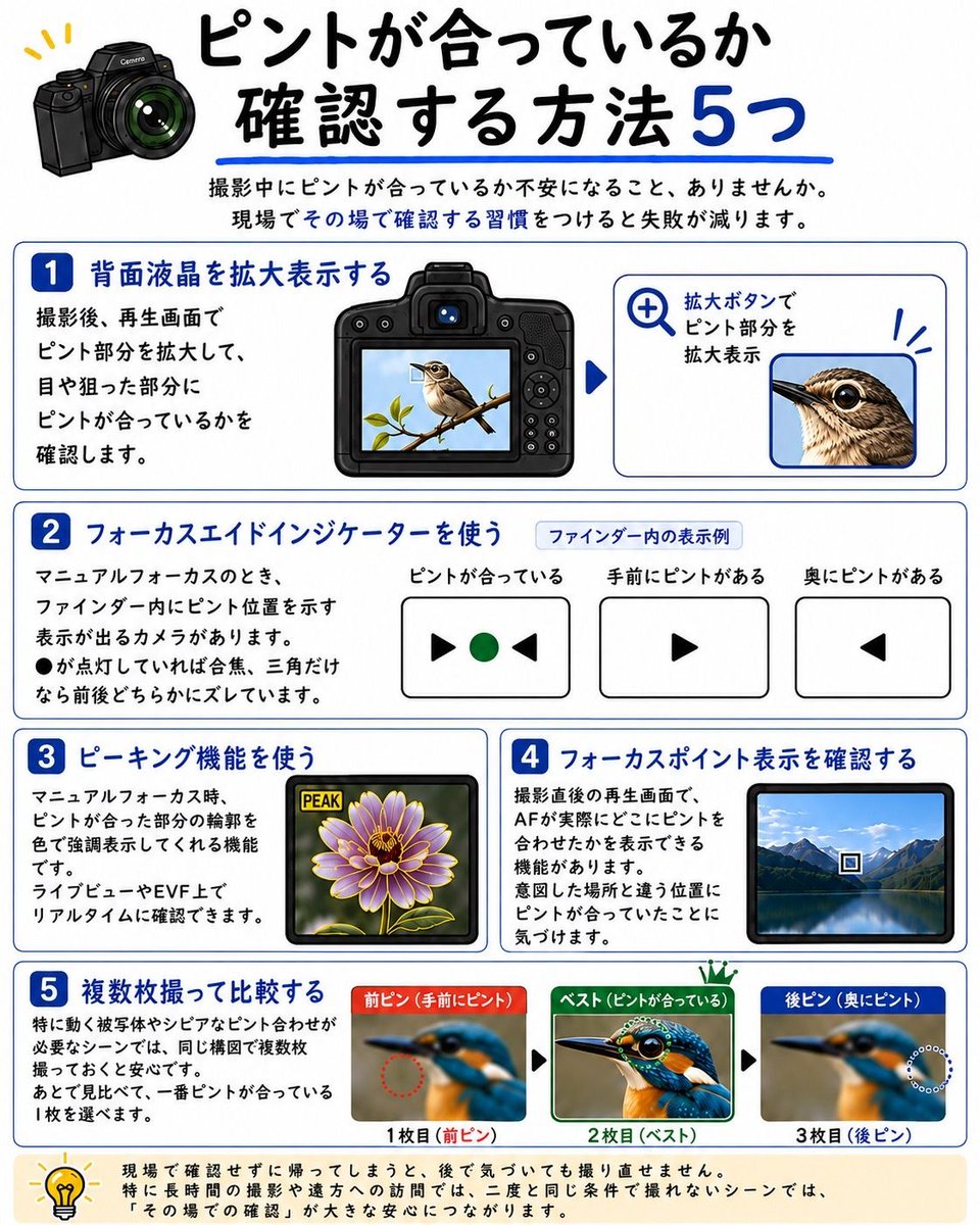 saizou4's tweet photo. 📷 ピントが合っているか確認する方法5つ

撮影中にピントが合っているか不安になること、ありませんか。現場でその場で確認する習慣をつけると失敗が減ります。

▶ 1｜背面液晶を拡大表示する

撮影後、再生画面で気になる部分を拡大表示します。多くのカメラは十字キーやダイヤルで簡単に拡大できます。特に目や輪郭など、ピントを合わせたかった部分を重点的に確認してください。

▶ 2｜フォーカスエイドインジケーターを使う

マニュアルフォーカスのとき、ファインダー内に「▶●◀」のような表示が出るカメラがあります。●が点灯していればピントが合っている状態、矢印が点滅していれば前後にズレていることを示しています。ニコンだけでなく、キヤノンなど他メーカーにも似た仕組みがあります。

▶ 3｜ピーキング機能を使う

マニュアルフォーカス時、ピントが合った部分の輪郭を色で強調表示してくれる機能です。ライブビューやEVF上でリアルタイムに確認できます。

▶ 4｜フォーカスポイント表示を確認する

撮影直後の再生画面で、AFが実際にどこにピントを合わせたかを表示できる機能があります。意図した場所と違う位置にピントが合っていた、ということに気づけます。

▶ 5｜複数枚撮って比較する

特に動く被写体やシビアなピント合わせが必要なシーンでは、同じ構図で複数枚撮っておくと安心です。あとで見比べて、一番ピントが合っている1枚を選べます。

現場で確認せずに帰ってしまうと、後で気づいても撮り直せません。特に長時間かけて訪れた撮影地や、二度と同じ条件で撮れないシーンでは、その場での確認を徹底してください。