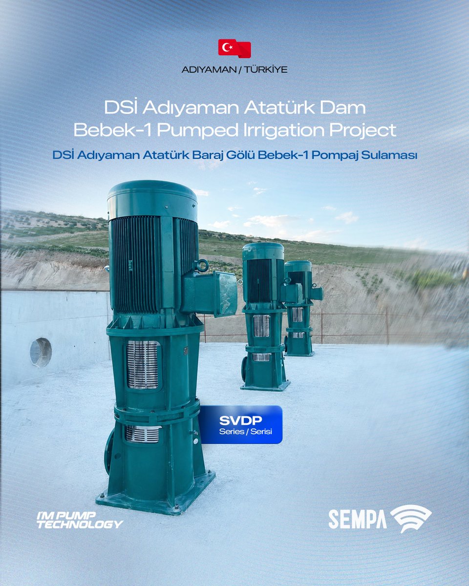 sempapump's tweet photo. 🇬🇧 Another irrigation project successfully commissioned.

Three SVDP Series vertical turbine pump systems supplied for the DSİ Adıyaman Atatürk Dam – Bebek-1 Pumped Irrigation Project have been successfully installed, commissioned, and handed over.
#SempaPompa #SVDP #DSI https://t.co/yDBCRuN4XG
